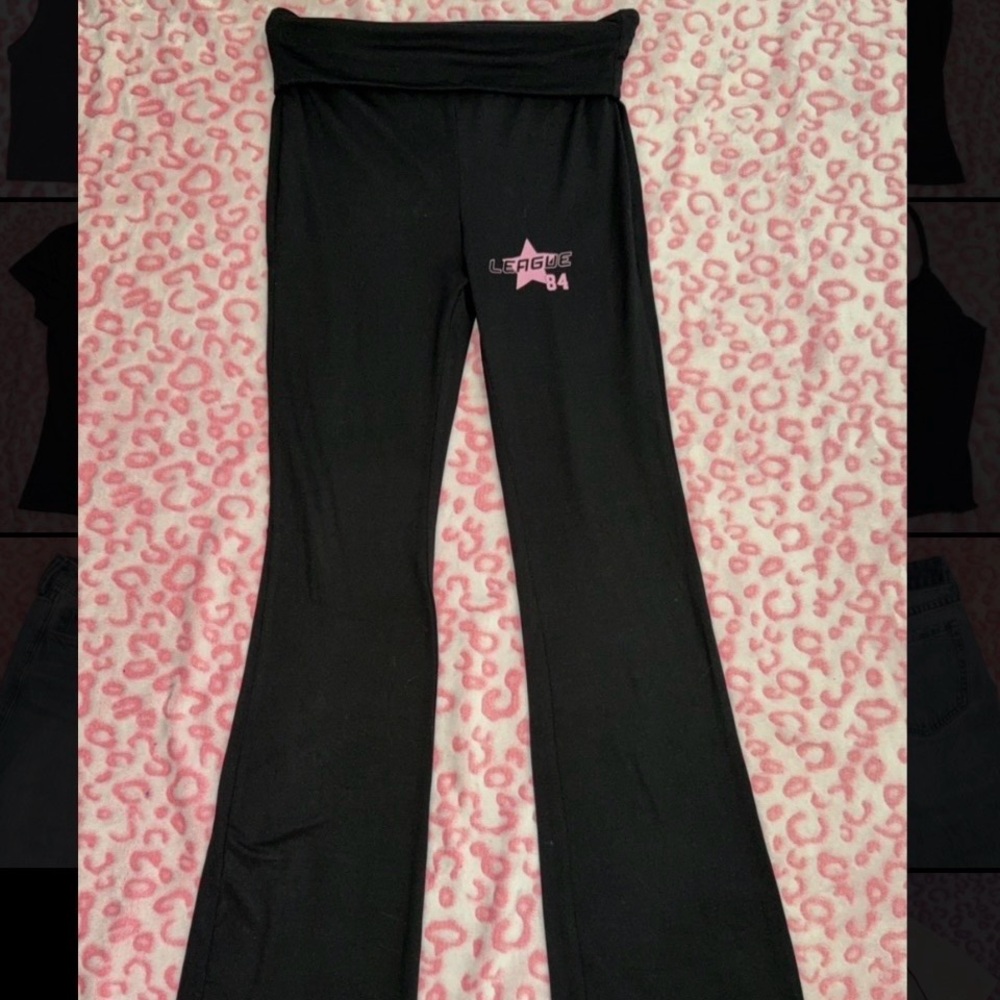 Black Flared Leggings with Pink 'League 84' Logo